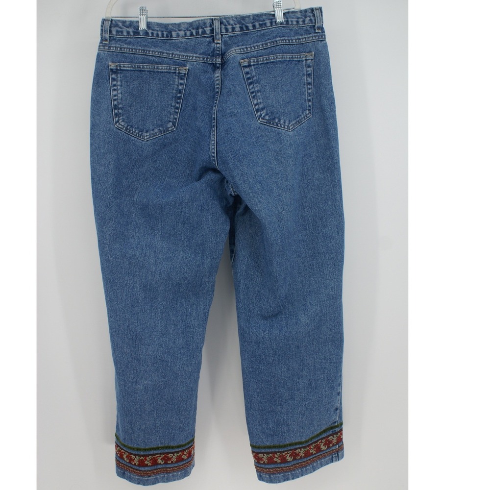 Venezia Jeans Denim Straight Leg Floral Embroidered Velvet Trim Hem 90s Vintage - Picture 2 of 11